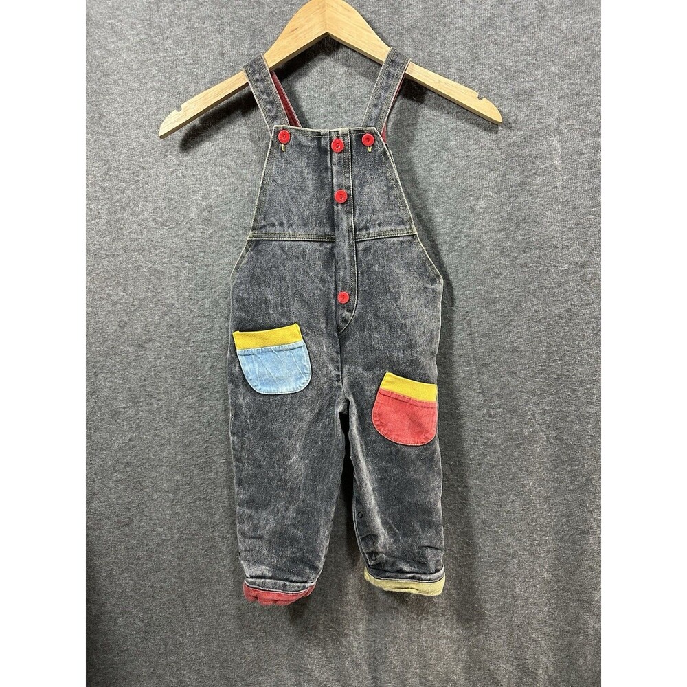 Vintage 1980s Playskool Black Denim Overalls Primary Color Toddler Size 24 Month